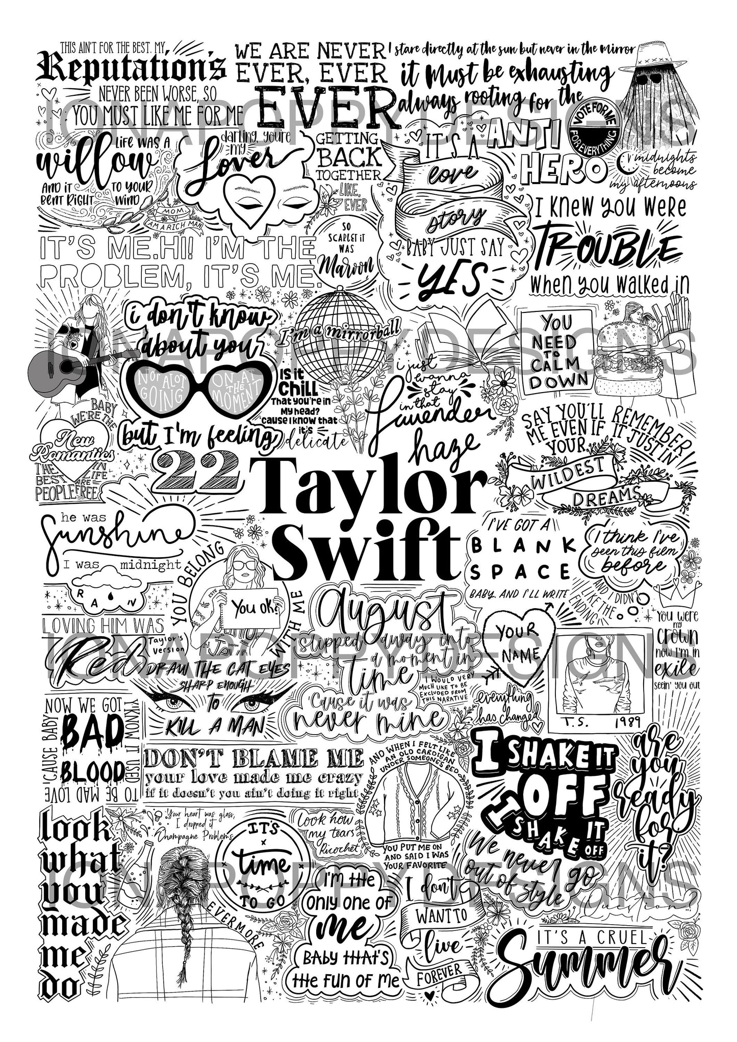 Taylor Swift Greatest Hits - Album Lyric Print | Doodle Fan Poster Art | Music Lover Gift