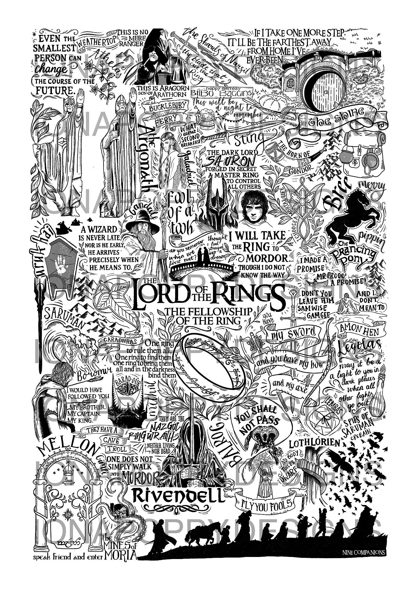 Lord Of The Rings - The Fellowship Of The Ring - Doodle Print | Gift | Movie Quotes