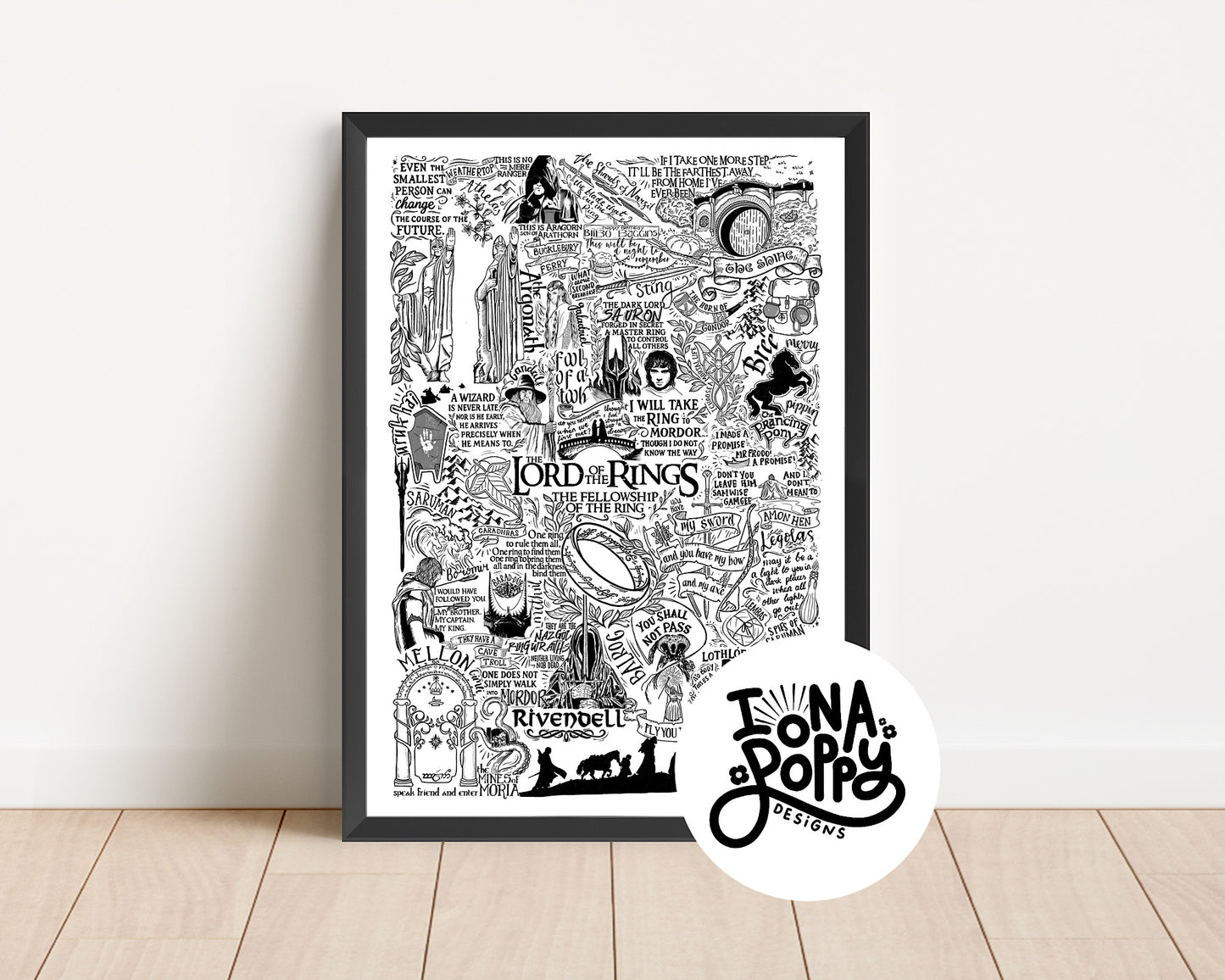 Lord Of The Rings - The Fellowship Of The Ring - Doodle Print | Gift | Movie Quotes