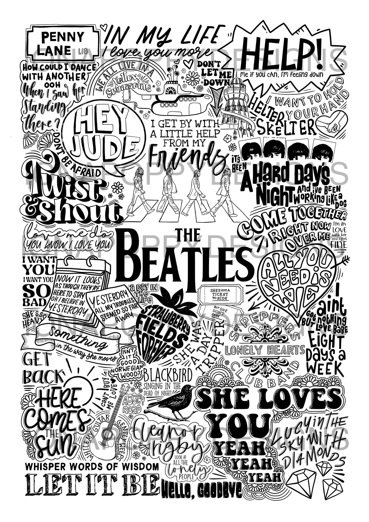 The Beatles - Greatest Hits | Doodle Fan Poster Art | Music Lover Gift