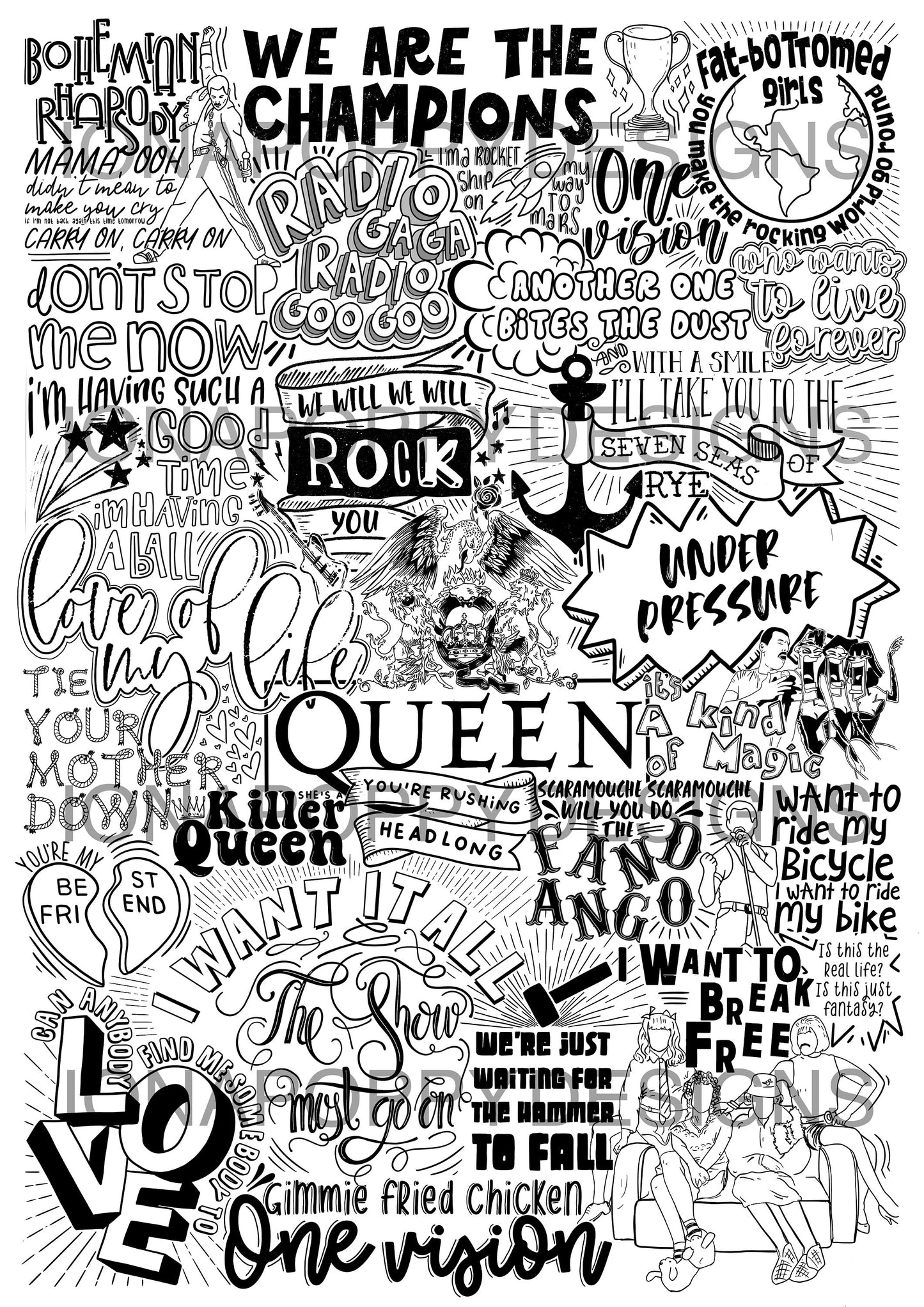 Queen Lyric Print - Greatest Hits | Doodle Fan Poster Art | Music Lover Gift